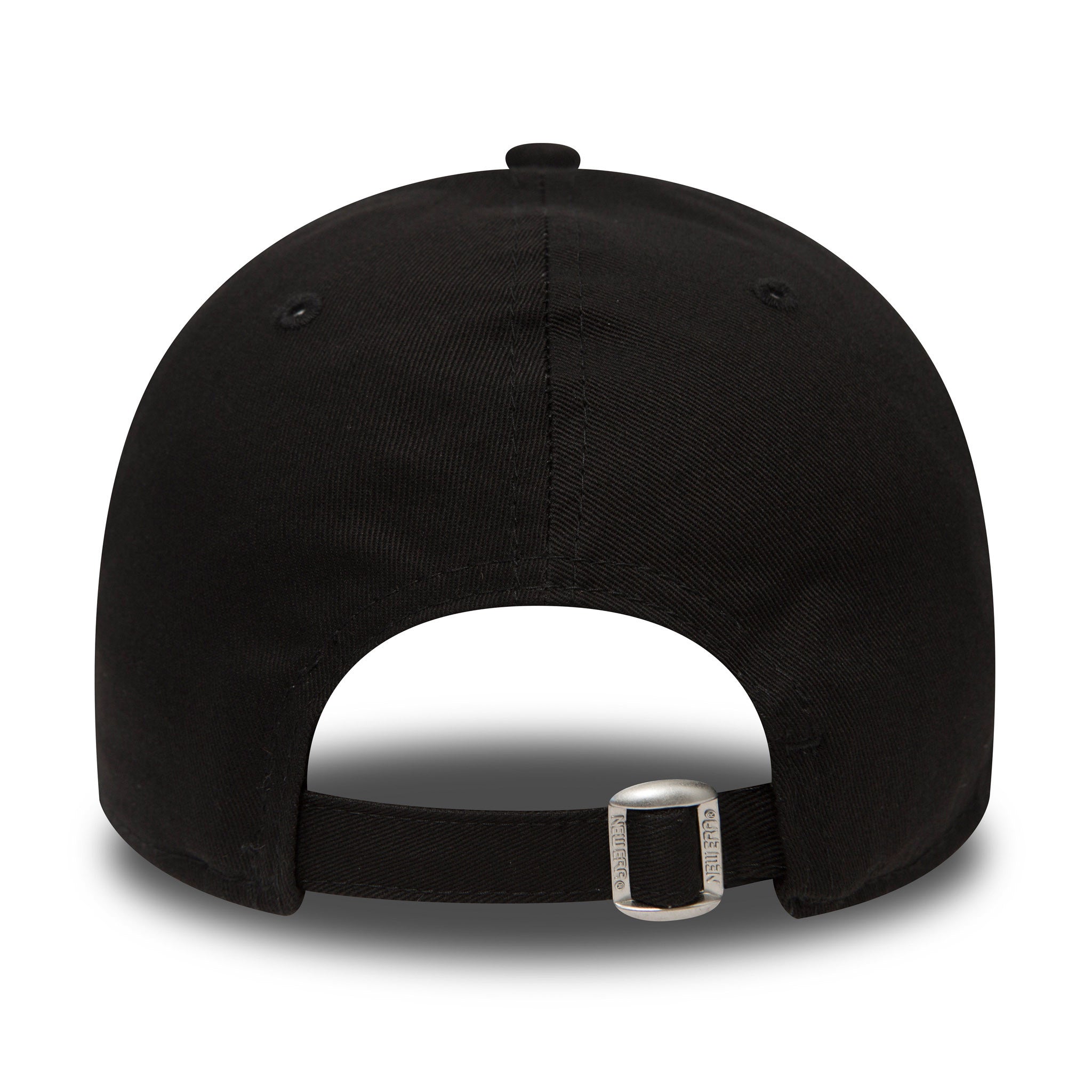LA Dodgers Essential Black New Era 9FORTY Cap, rear view showing the adjustable strap with a metallic clasp, centred low on the black crown for a custom fit and featuring tonal eyelets and a top button.