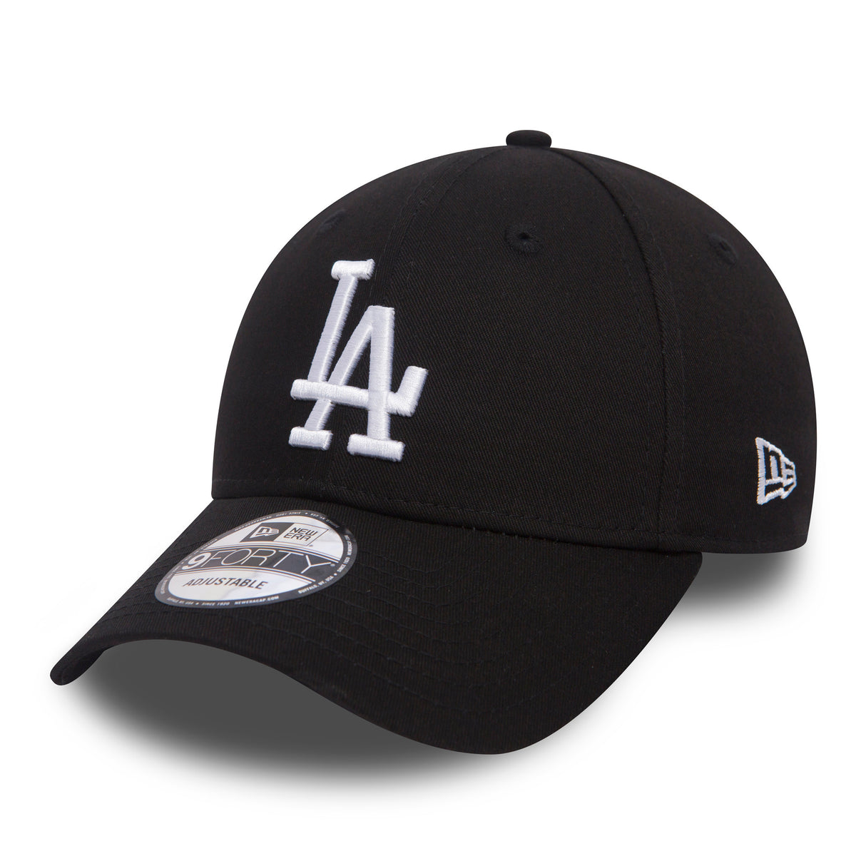 LA Dodgers Essential Black New Era 9FORTY Cap, three-quarter view showing the raised white LA logo embroidered on the front panel, curved black visor with 9FORTY size sticker, and New Era flag logo on the left side.