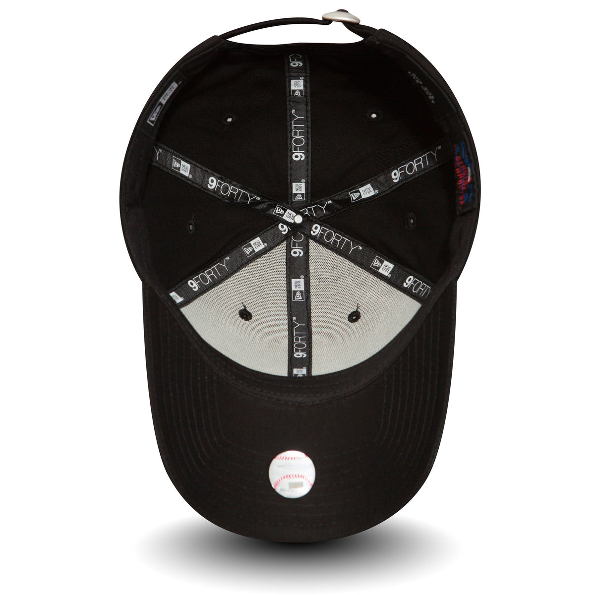 LA Dodgers Essential Black New Era 9FORTY Cap, inside view showing the black and grey 9FORTY taping across the crown, two black eyelets, and the white 9FORTY size sticker on the underside of the visor.