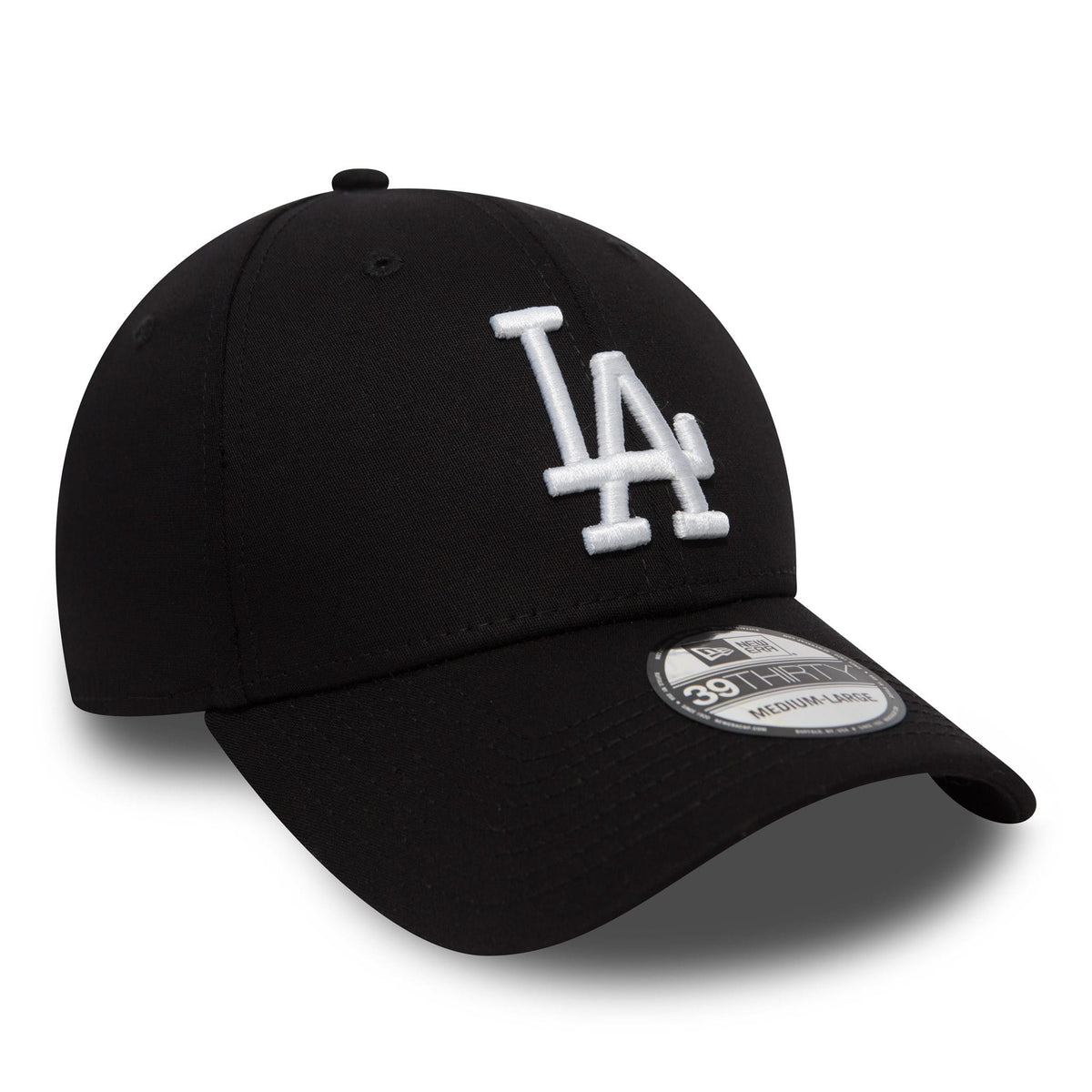 LA Dodgers Essential Black New Era 39THIRTY Cap, three-quarter view showing the white raised embroidered LA logo on the front panel and the 39THIRTY size sticker on the curved visor.