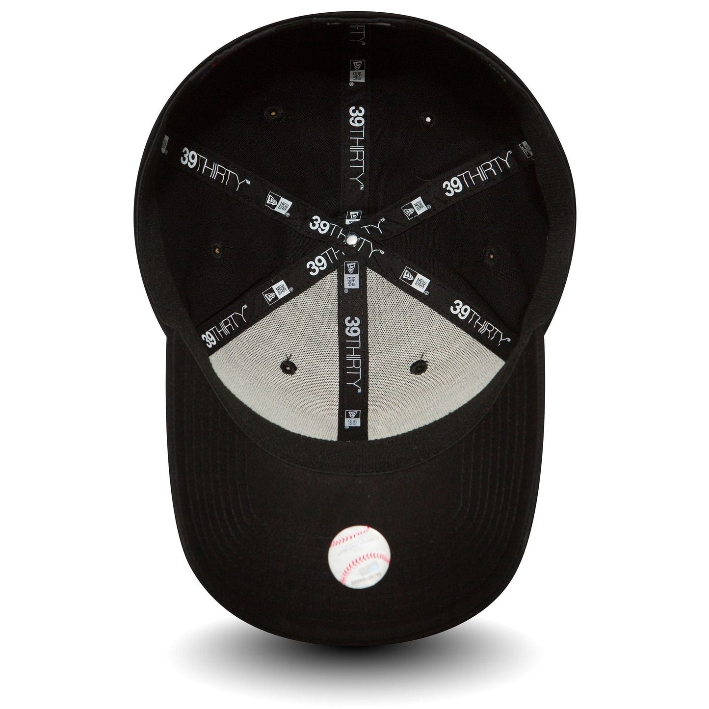 LA Dodgers Essential Black New Era 39THIRTY Cap, inside view showing black taping with 39THIRTY branding across the panels, a grey sweatband, and a white baseball graphic sticker on the underside of the visor.