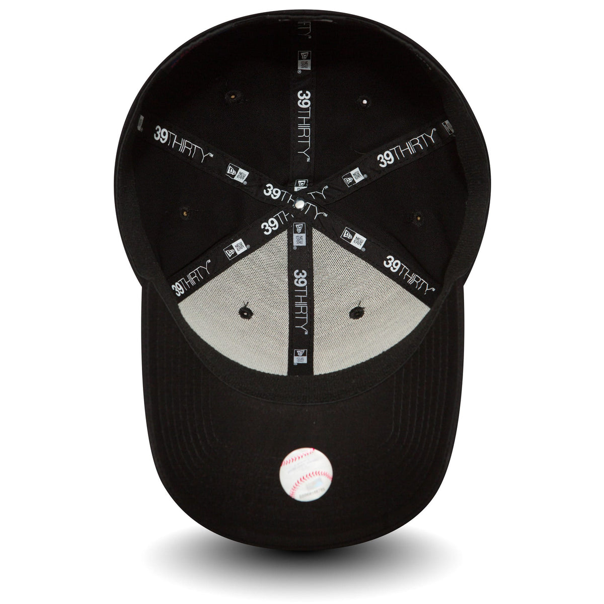 LA Dodgers Essential Black New Era 39THIRTY Cap, inside view showing black taping with 39THIRTY branding across the panels, a grey sweatband, and a white baseball graphic sticker on the underside of the visor.