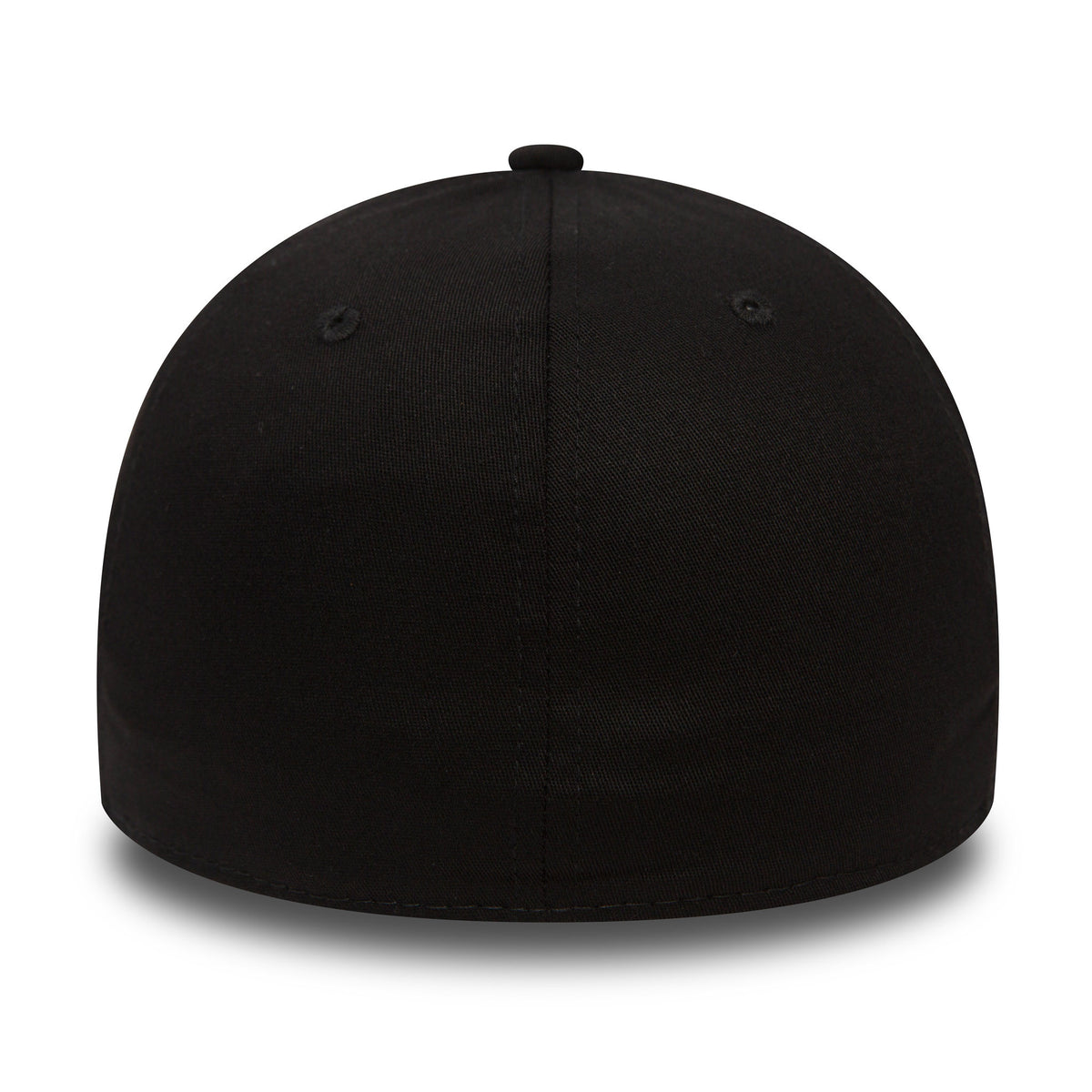 LA Dodgers Essential Black On Black New Era 39THIRTY Cap, rear view showing the seamless black back panels and matching top button, complemented by subtly integrated eyelets for ventilation.