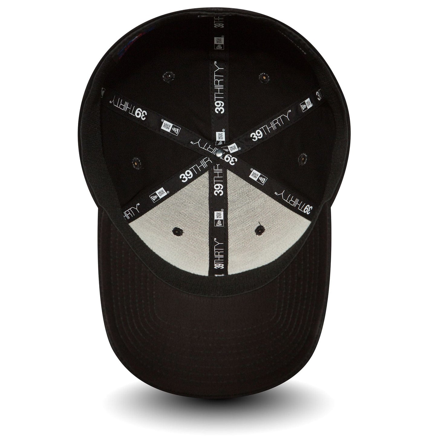 LA Dodgers Essential Black On Black New Era 39THIRTY Cap, inside view showing black and white taping with 39THIRTY branding, black sweatband, and the dark undervisor beneath the structured crown.