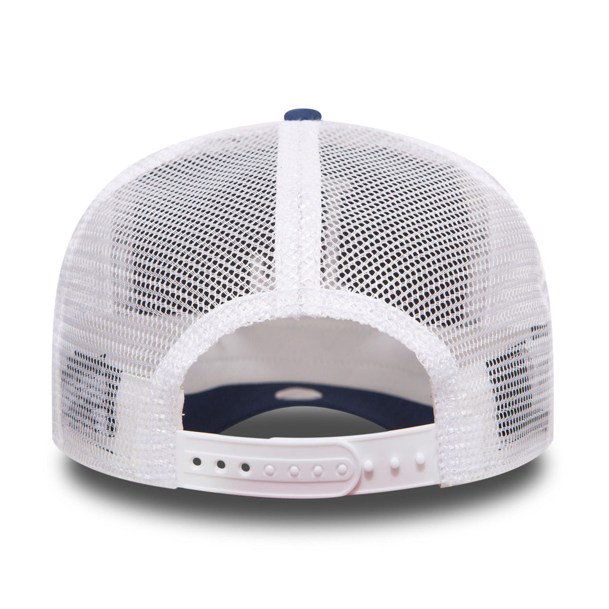 New Era LA Dodgers Clean Blue A-Frame Trucker Cap, rear view showing the white mesh back panels with an adjustable snap closure and a navy undervisor, framed by white seams and a matching top button.