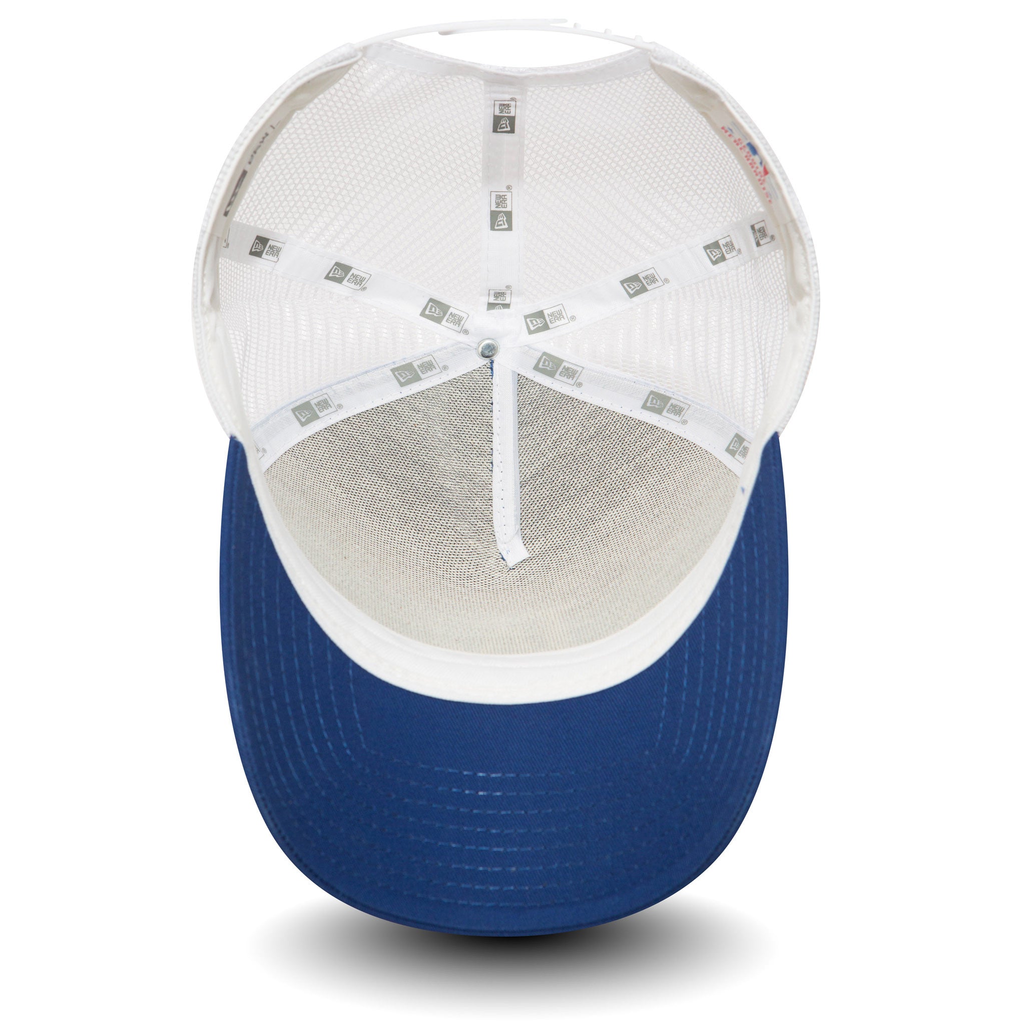 LA Dodgers Clean Blue A-Frame Trucker Cap, inside view showing the white mesh structure with grey branded taping, a top button, and a visible mesh sweatband above the blue curved visor.