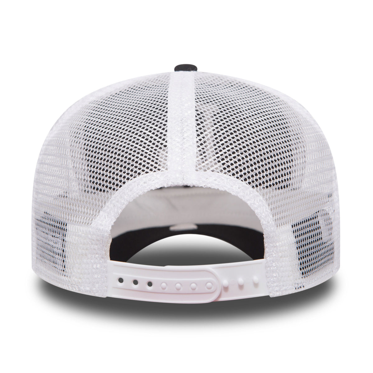 New Era LA Dodgers Clean Black A-Frame Trucker Cap, rear view showing the white mesh back panels and adjustable snap closure, with a black top button and contrasting white stitching on the structured crown.