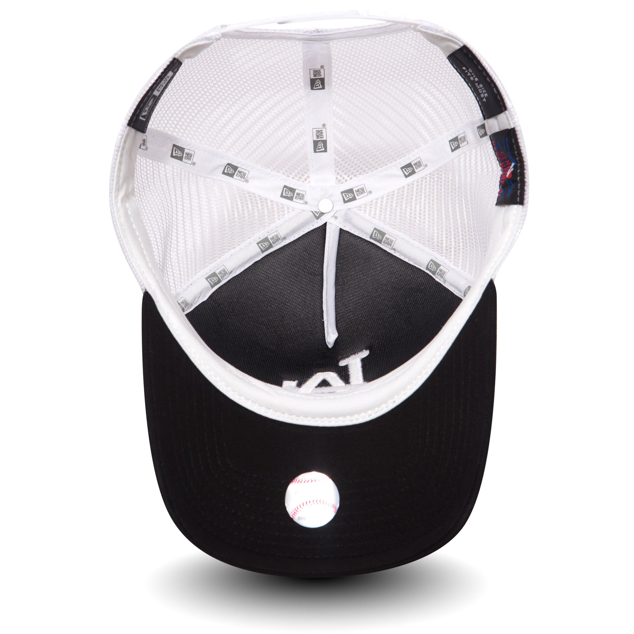 LA Dodgers Clean Black New Era A-Frame Trucker Cap, inside view showing the white taping with repeated New Era logos, white mesh panels, black undervisor, and an embroidered baseball graphic on the underside of the visor.