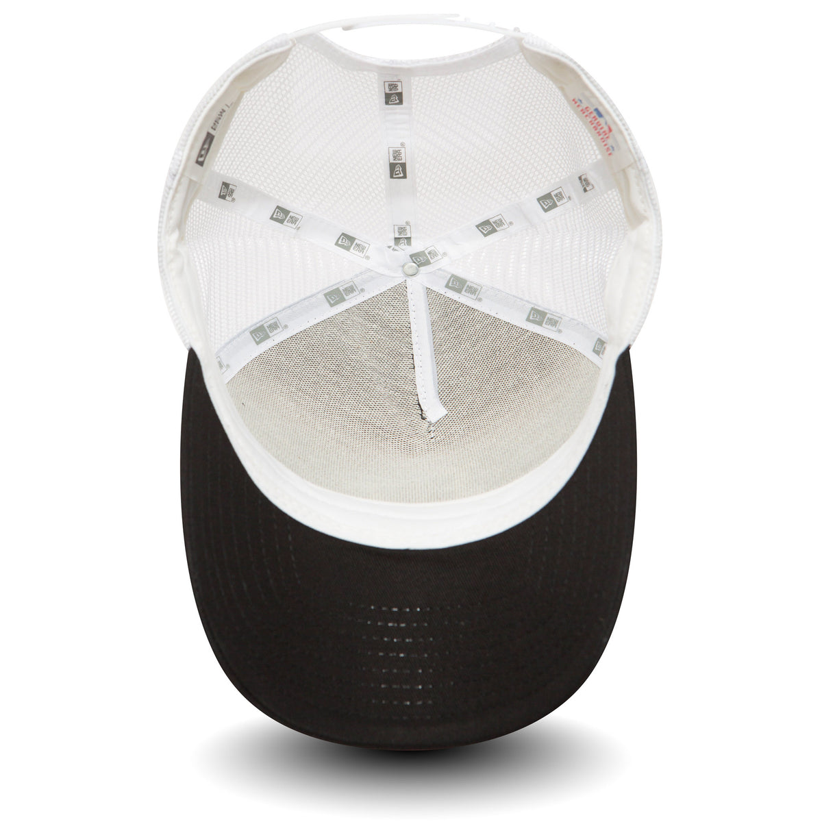 LA Dodgers Clean Black New Era A-Frame Trucker Cap, inside view showing white mesh construction with branded taping along the seams, featuring a black underside of the visor and a matching black sweatband.