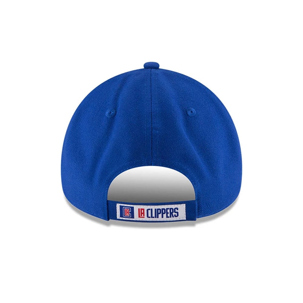 LA Clippers The League Blue New Era 9FORTY Cap, rear view showing the team name embroidered on a white strap above the opening, complemented by a structured blue crown and matching top button.