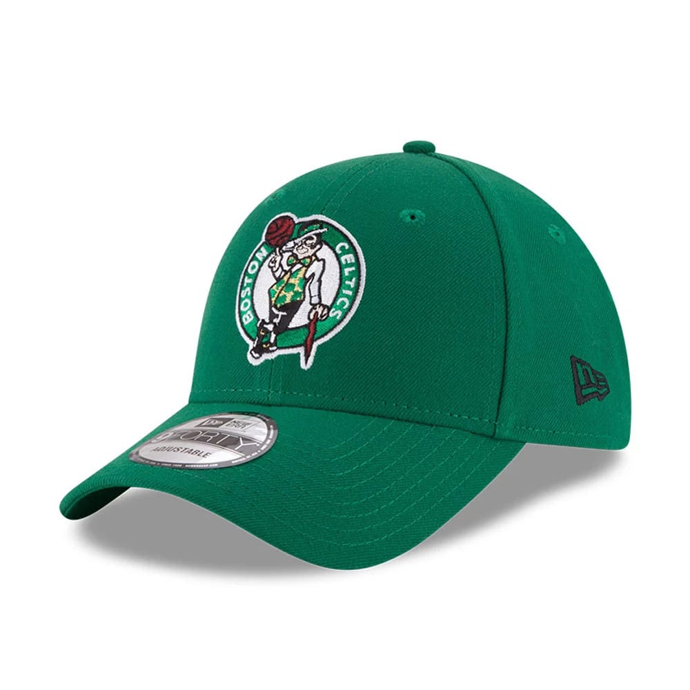 Boston Celtics The League Green New Era 9FORTY Cap, three-quarter view showing the embroidered team logo on the front panel, the grey 9FORTY size sticker on the curved visor, and the New Era flag logo on the left side.