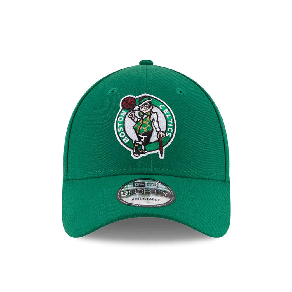 Boston Celtics The League Green New Era 9FORTY Cap, front view showing a raised embroidered Boston Celtics logo on the front panel with a curved green visor and a 9FORTY size sticker on top of the visor.