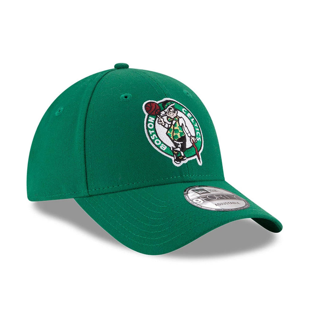 Boston Celtics The League Green New Era 9FORTY Cap, front view showing the embroidered Celtics logo on the front panel, a curved visor beneath with a 9FORTY size sticker, and a matching green top button.