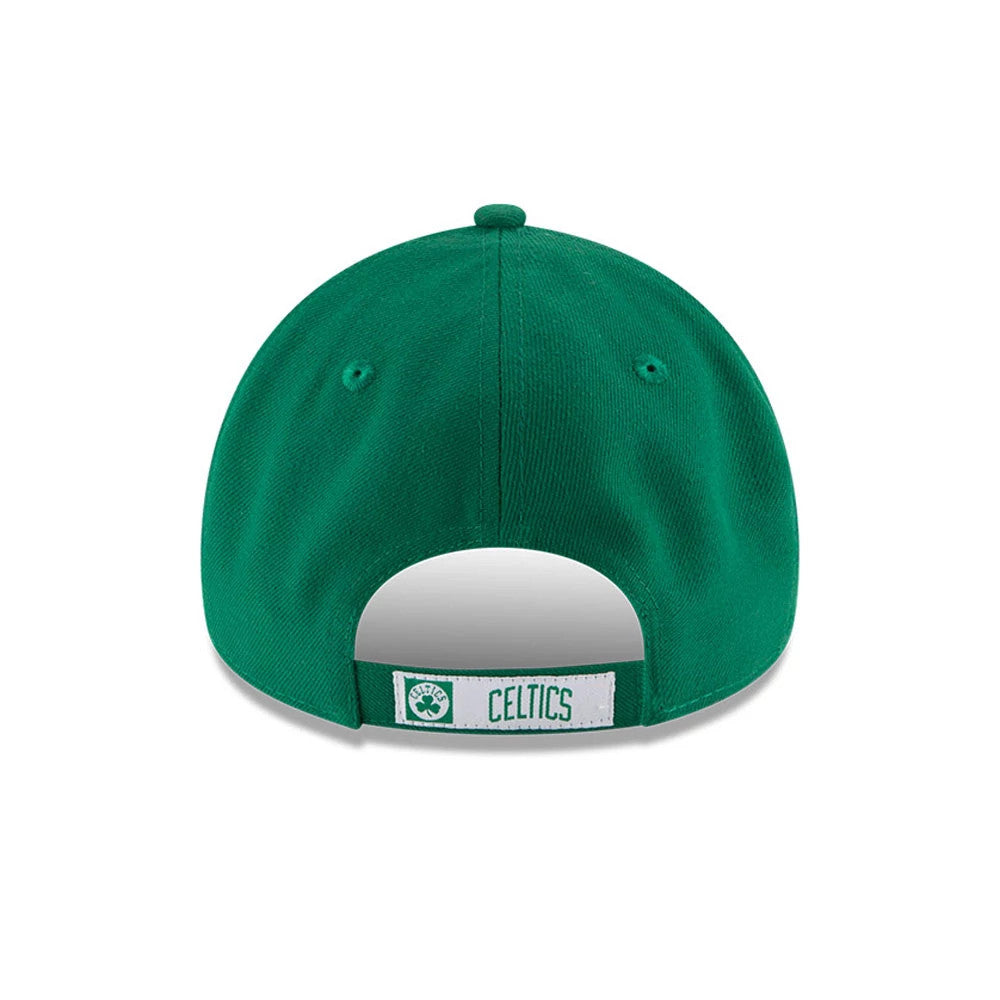 Boston Celtics The League Green New Era 9FORTY Cap, rear view showing a green strapback with a woven Celtics logo patch and wordmark on the centre of the back panels, framed by eyelets on the structured green crown.