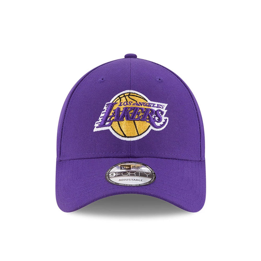 LA Lakers The League Purple Youth New Era 9FORTY Adjustable Cap, front view showing the raised embroidered team logo in yellow and purple on the structured crown, with a 9FORTY size sticker on the visor.