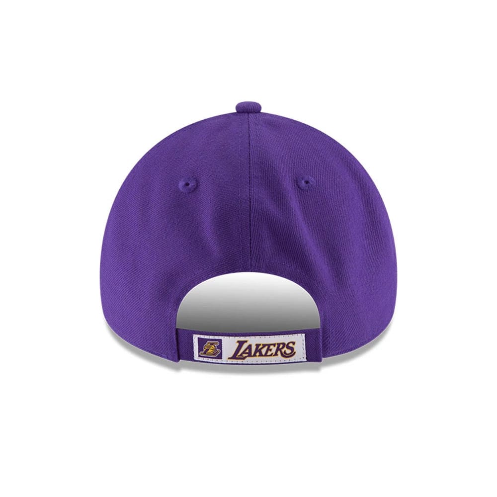 LA Lakers The League Purple Youth New Era 9FORTY Adjustable Cap, rear view showing the embroidered Lakers logo and text on the adjustable strap, with a structured purple crown and matching top button.