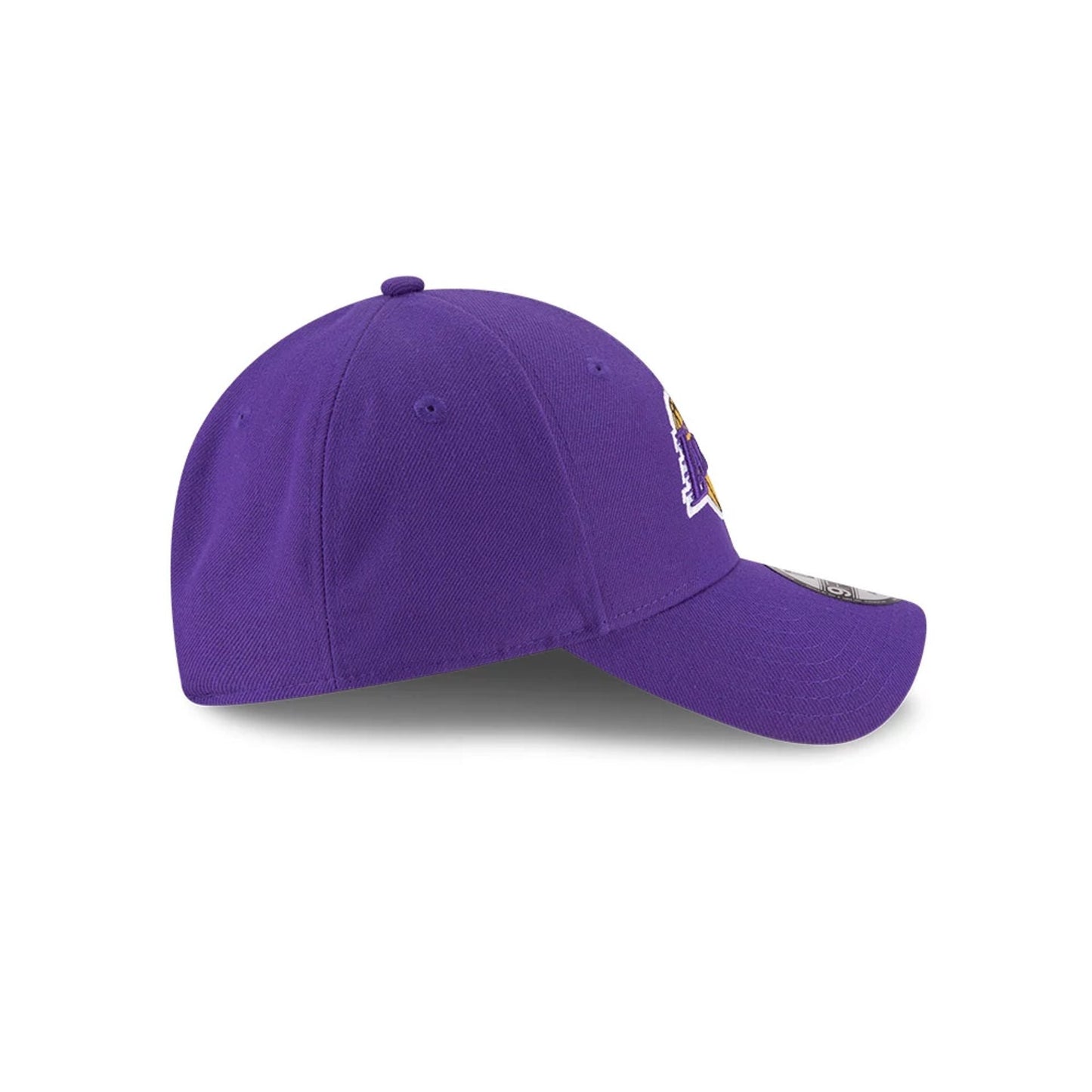LA Lakers The League Purple Youth New Era 9FORTY Adjustable Cap, side view with a purple structured crown, displaying the embroidered New Era flag logo on the left side and the 9FORTY size sticker on the visor.