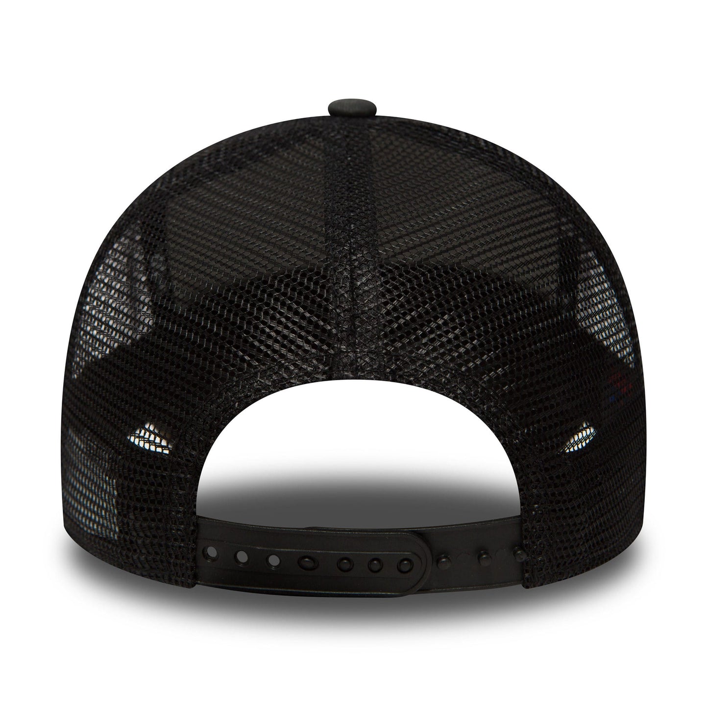 New York Yankees Clean Camo A-Frame Trucker Cap, rear view showing black mesh panels with a plastic snap closure, revealing the slightly curved structure and black top button of the cap.