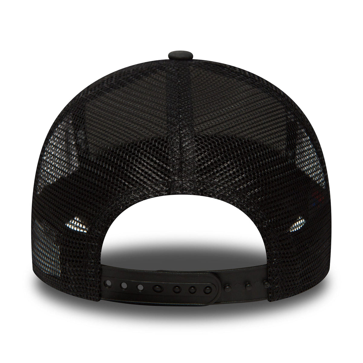 New York Yankees Clean Camo A-Frame Trucker Cap, rear view showing black mesh panels with a plastic snap closure, revealing the slightly curved structure and black top button of the cap.
