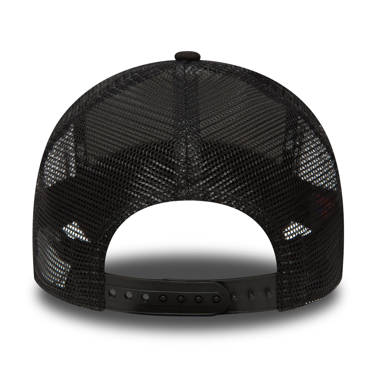 New York Yankees Clean Black On Black A-Frame Trucker Cap, rear view showing the black mesh panels and adjustable snap closure, with a subtle black top button completing the structured shape.