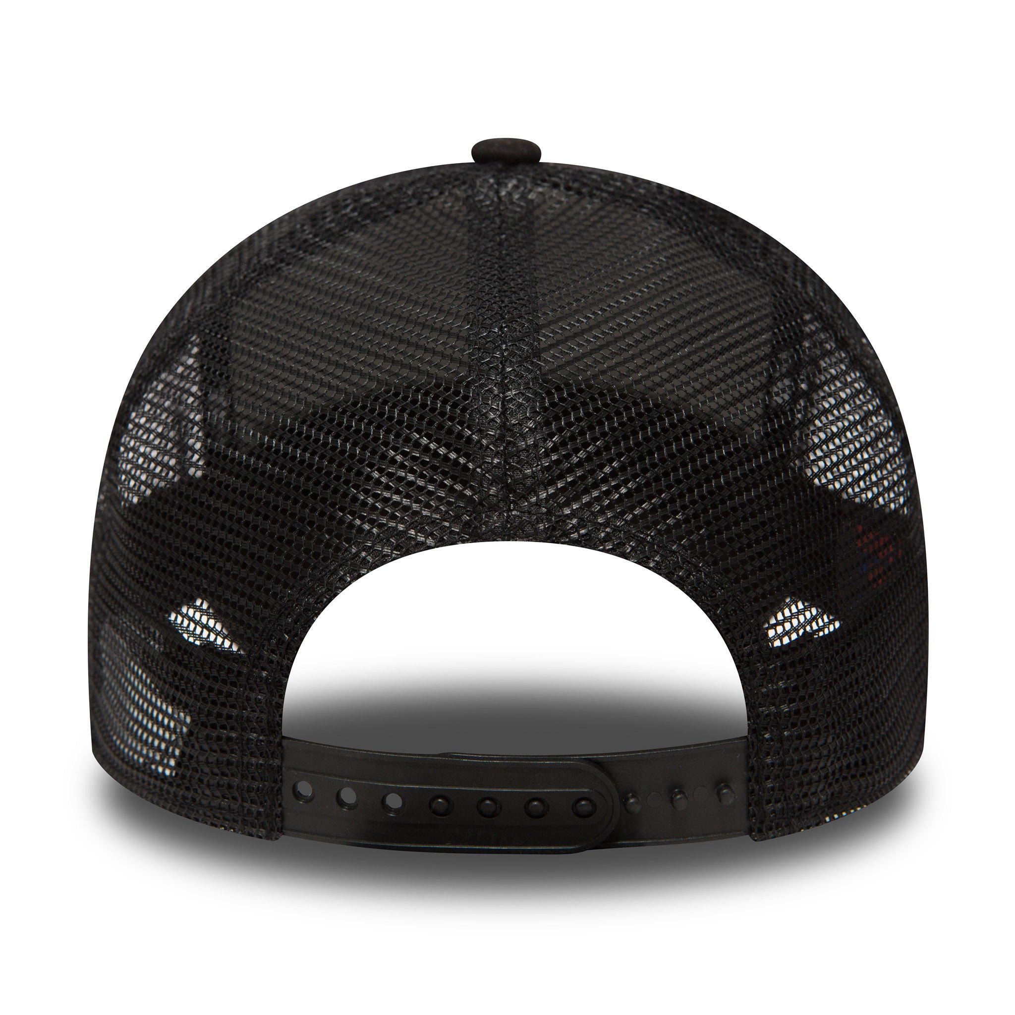 New York Yankees Clean Black On Black A-Frame Trucker Cap, rear view showing the black mesh panels and adjustable snap closure, with a subtle black top button completing the structured shape.