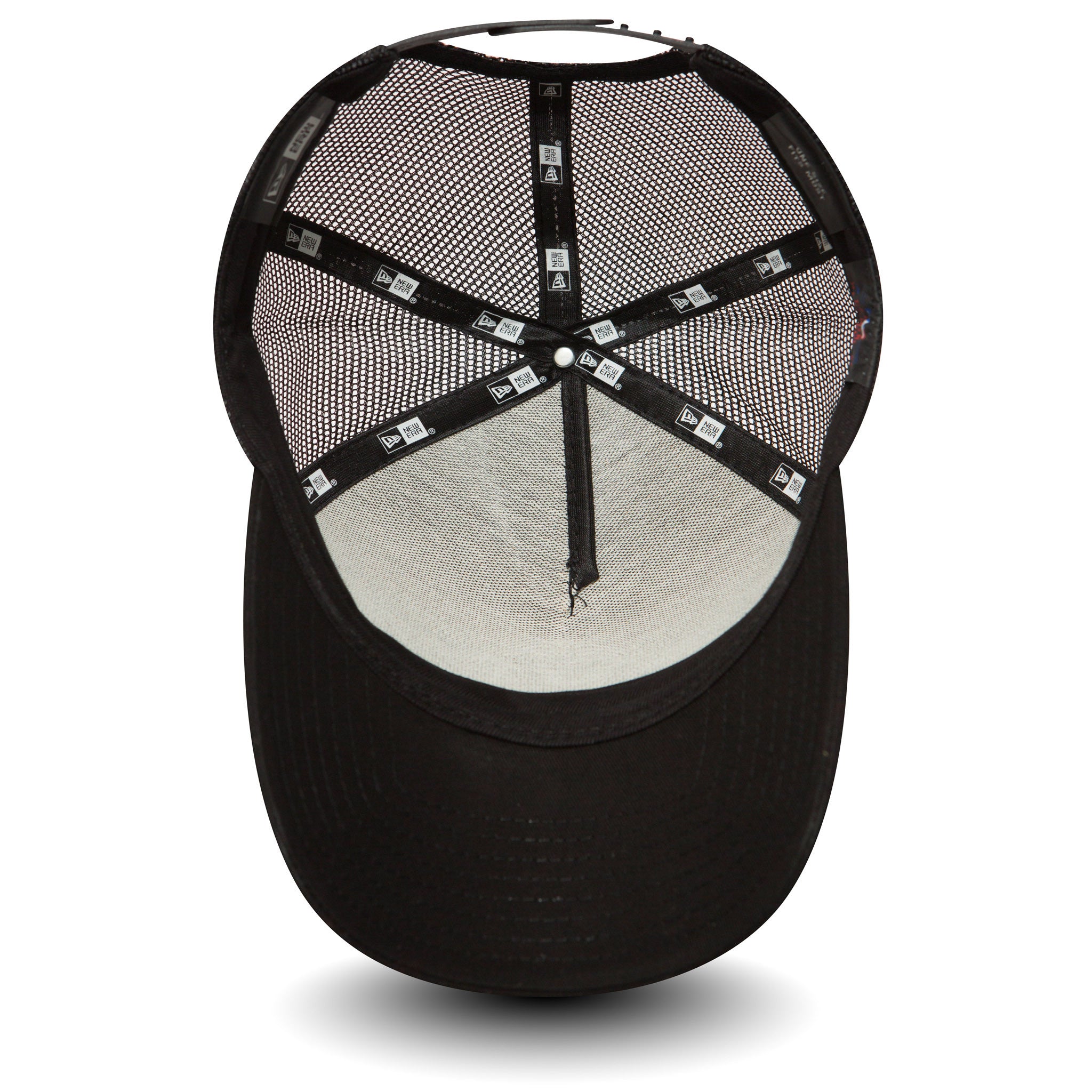 New York Yankees Clean Black On Black A-Frame Trucker Cap, inside view showing black New Era taping along the seams and a mesh interior with a black undervisor, and a black sweatband lining the edge.