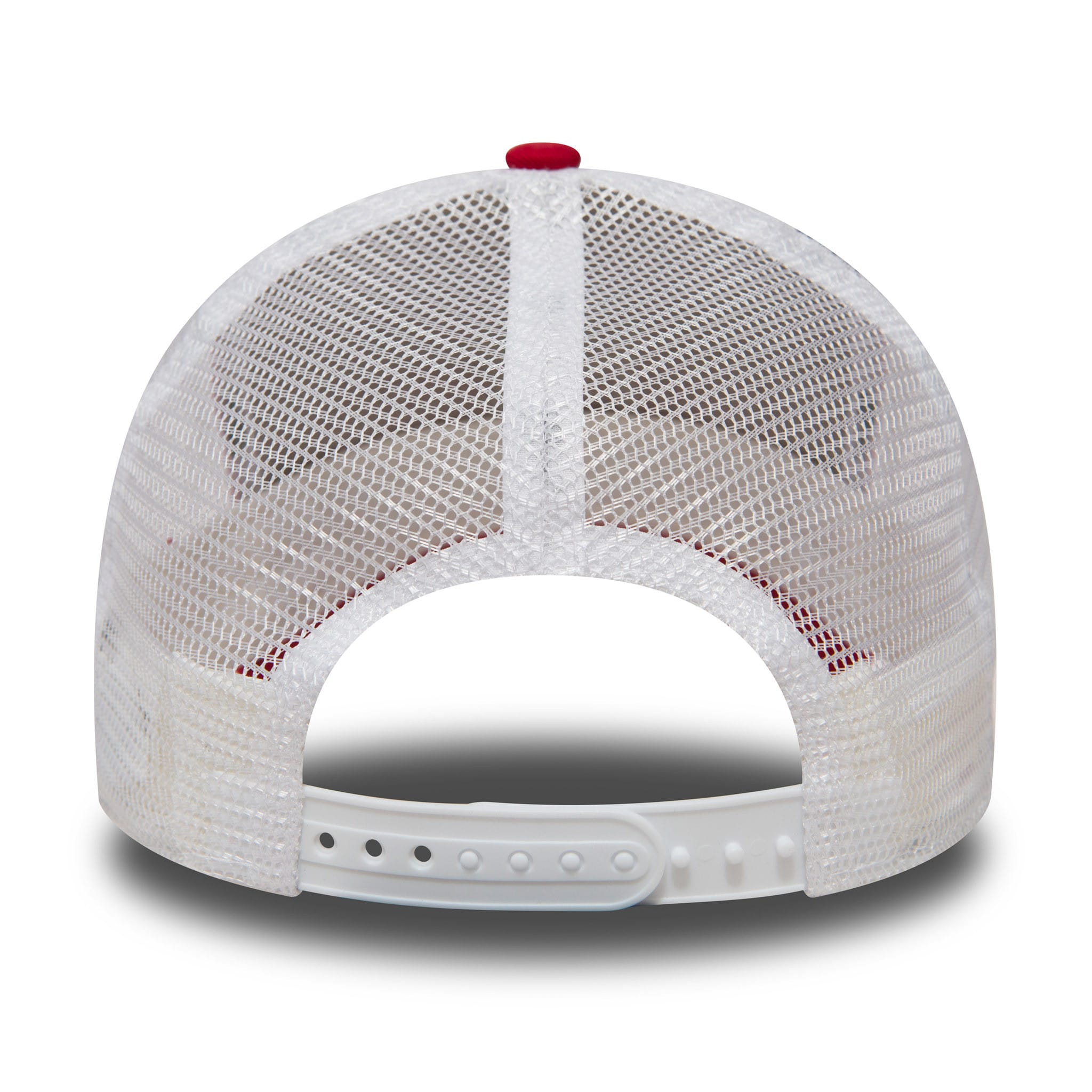 New York Yankees Clean Red A-Frame Trucker Cap, rear view showing the mesh back panels and adjustable white plastic snap closure beneath the red top button on the structured crown.