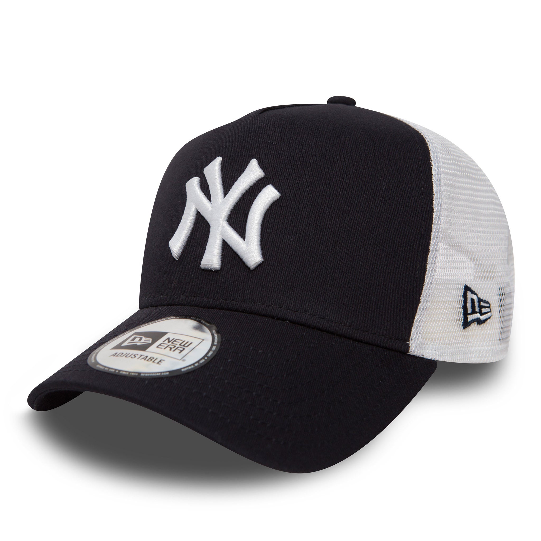 New York Yankees Clean Navy A-Frame Trucker Cap, three-quarter view showing the raised white NY logo on the front panel, curved visor with New Era 9FORTY size sticker, and white mesh backing with New Era flag logo on the left side.