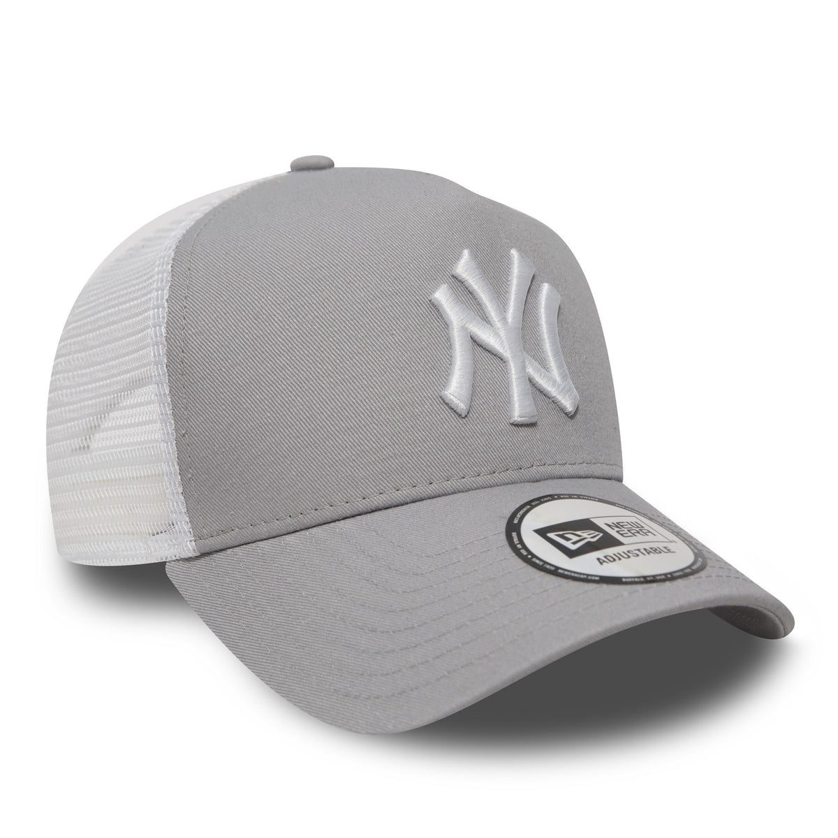 New York Yankees Clean Grey A-Frame Trucker Cap, front view showing raised white NY logo embroidered on the structured grey front panel with a curved visor and 9FORTY size sticker, featuring breathable white mesh back panels.
