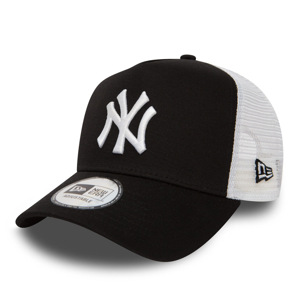 New York Yankees Clean Black A-Frame Trucker Cap, three-quarter view with raised white NY logo on the front panel, black curved visor with a New Era 9FORTY size sticker, and white mesh rear panels featuring the New Era flag logo.