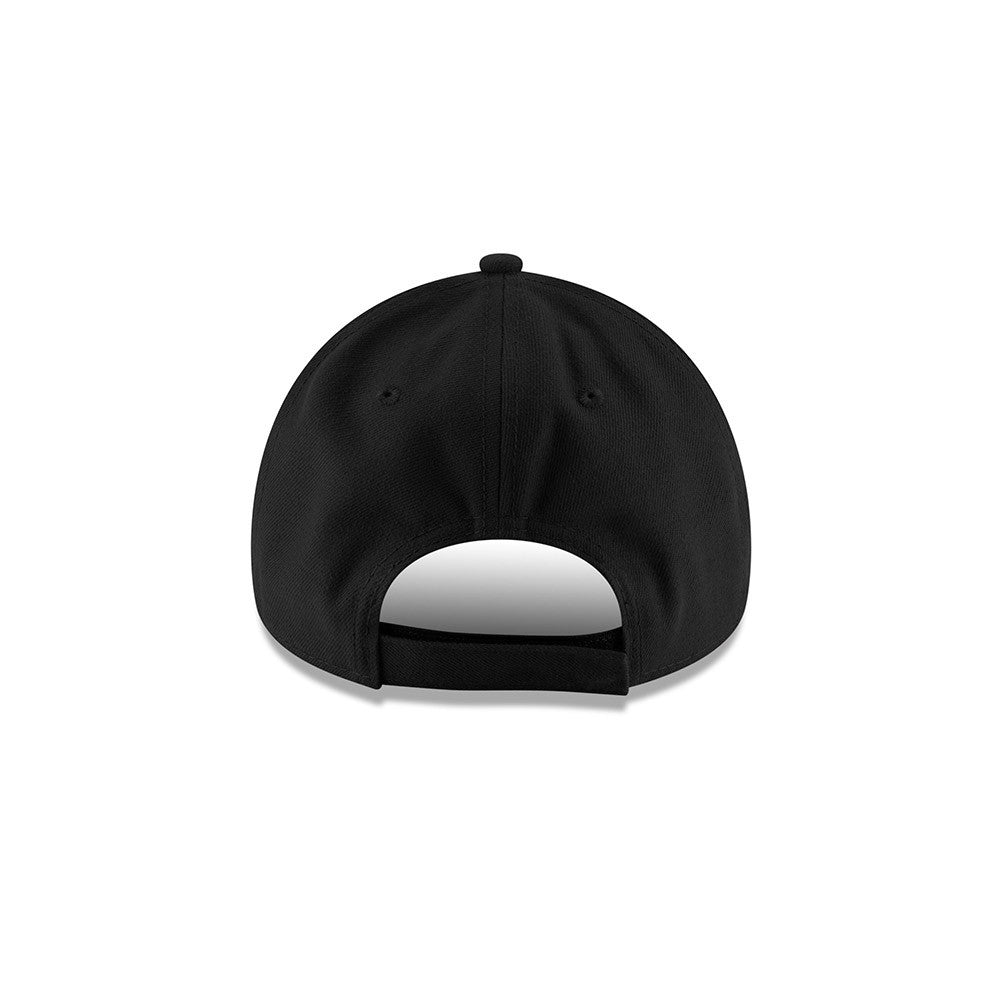 Toronto Raptors League Black New Era 9FORTY Cap, rear view showing an open adjustable strap detail and a curved black visor, highlighting the smooth structured back panels under the small central top button.