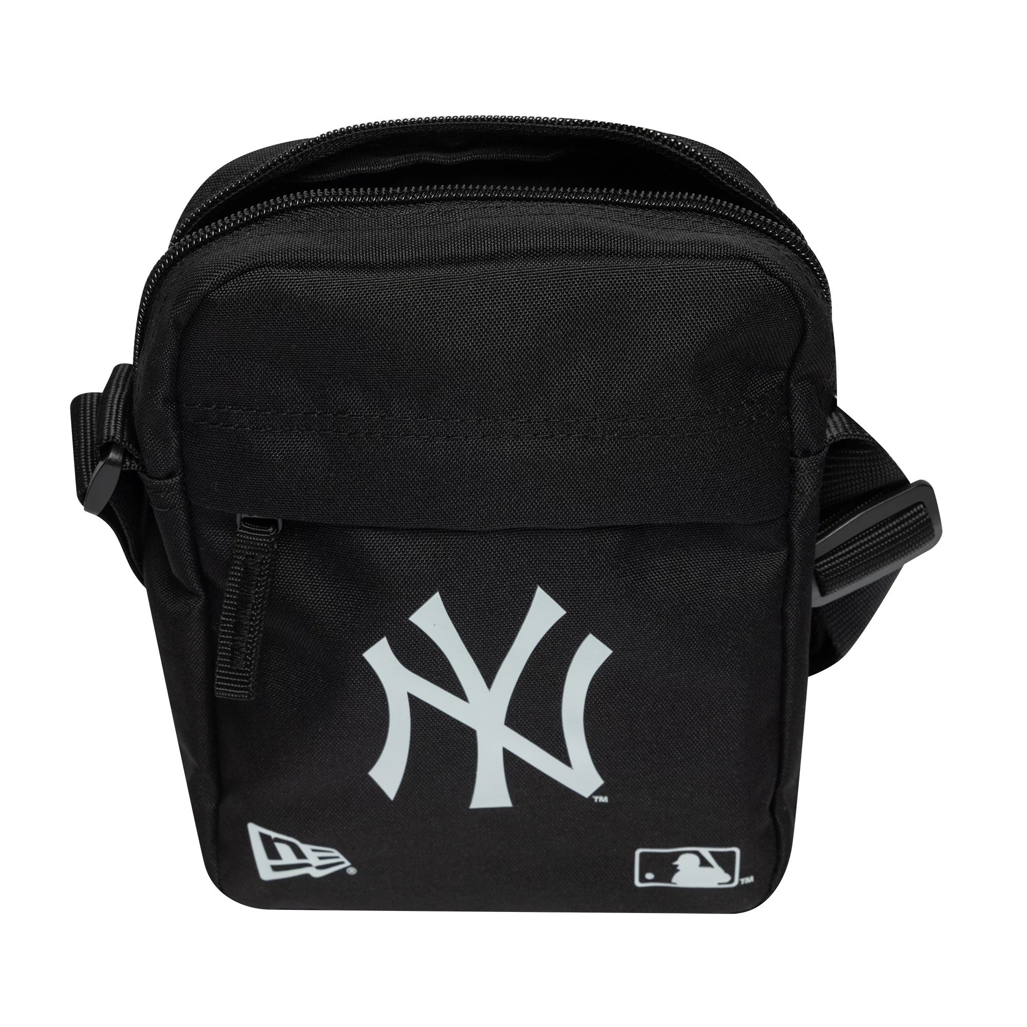 New York Yankees Black Side Bag, front view showing the black square shape with a raised white New York Yankees logo centred, small New Era and MLB logos near the bottom and a zip closure along the top edge.