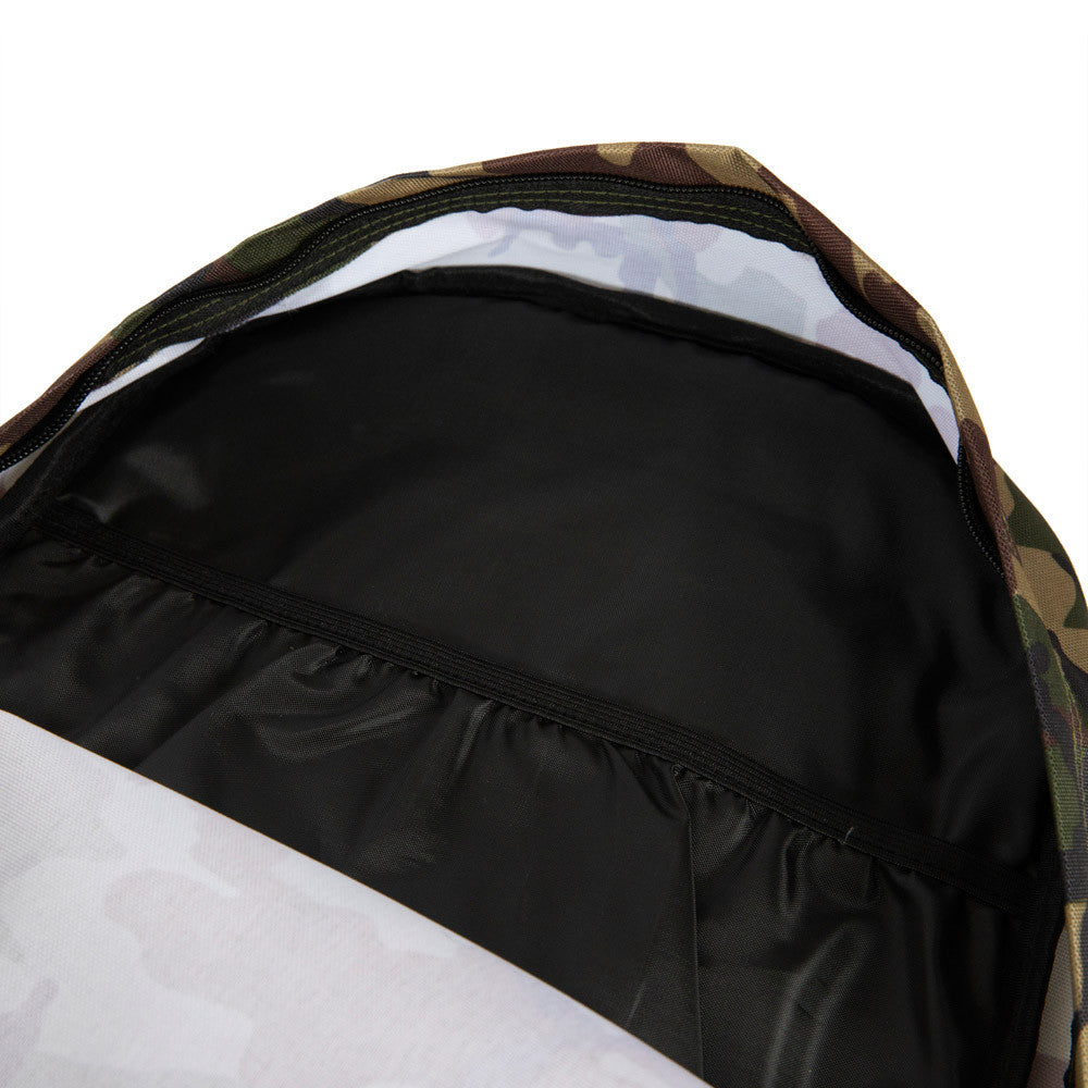 New York Yankees Woodland Camo Stadium Backpack, open view showing the inside with a black lining and elastic pocket against a camo-patterned outer edge, highlighting the spacious compartment ready for use.