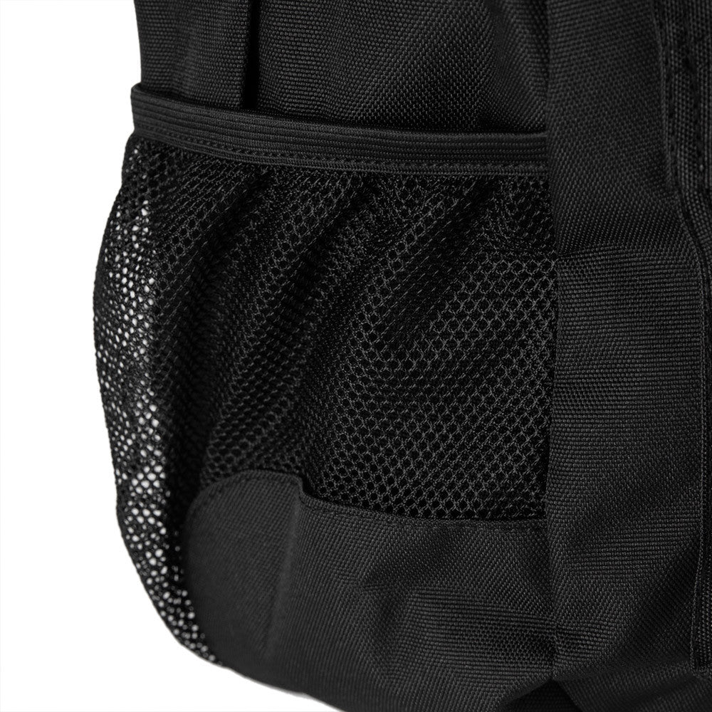 New York Yankees Black Stadium Backpack, side view showing black mesh side pocket with elastic top on the textured black fabric body, a reinforced seam running vertically down the side.