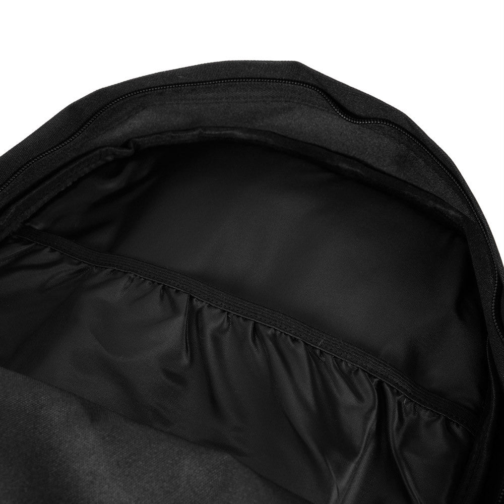 New York Yankees Black Stadium Backpack, inside view showing the open black interior with an elasticated pocket along the back, designed for storage, and the smooth zip closure near the top edge.