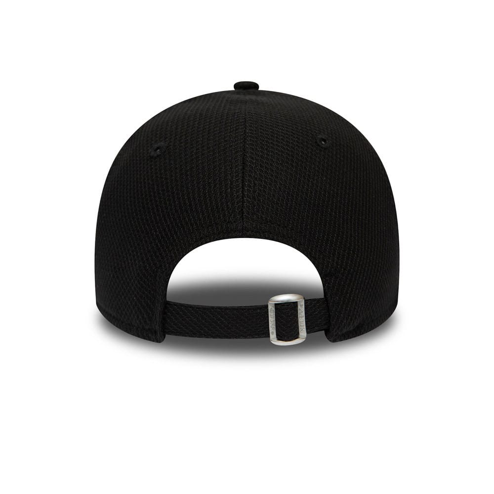 New York Yankees Diamond Era Black New Era 9FORTY Cap, rear view showing the black textured crown with top button and adjustable strap buckle, exhibiting a streamlined look and simple design with no visible logos on the back.