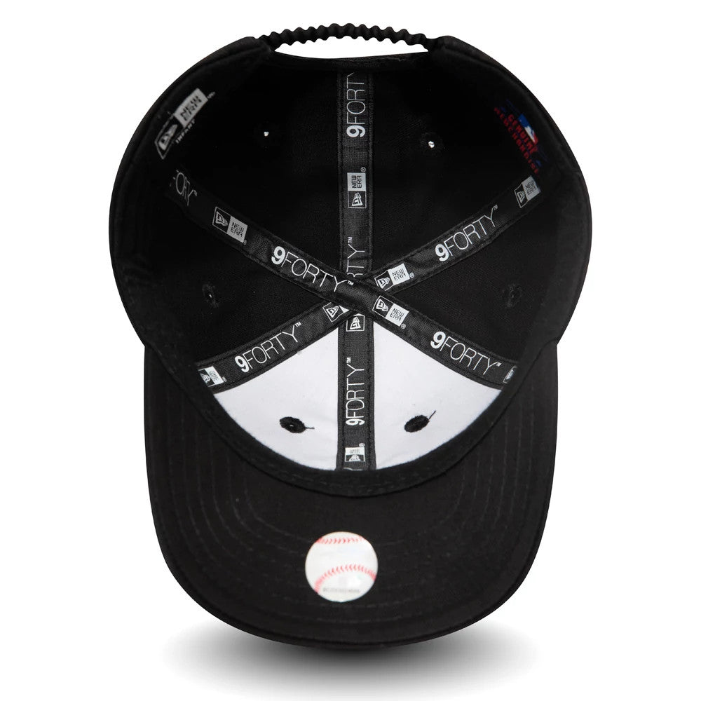New York Yankees Essential Infant Black New Era 9FORTY Cap, inside view showing black sweatband with 9FORTY branding and grey taping along with a small baseball sticker on the black undervisor.
