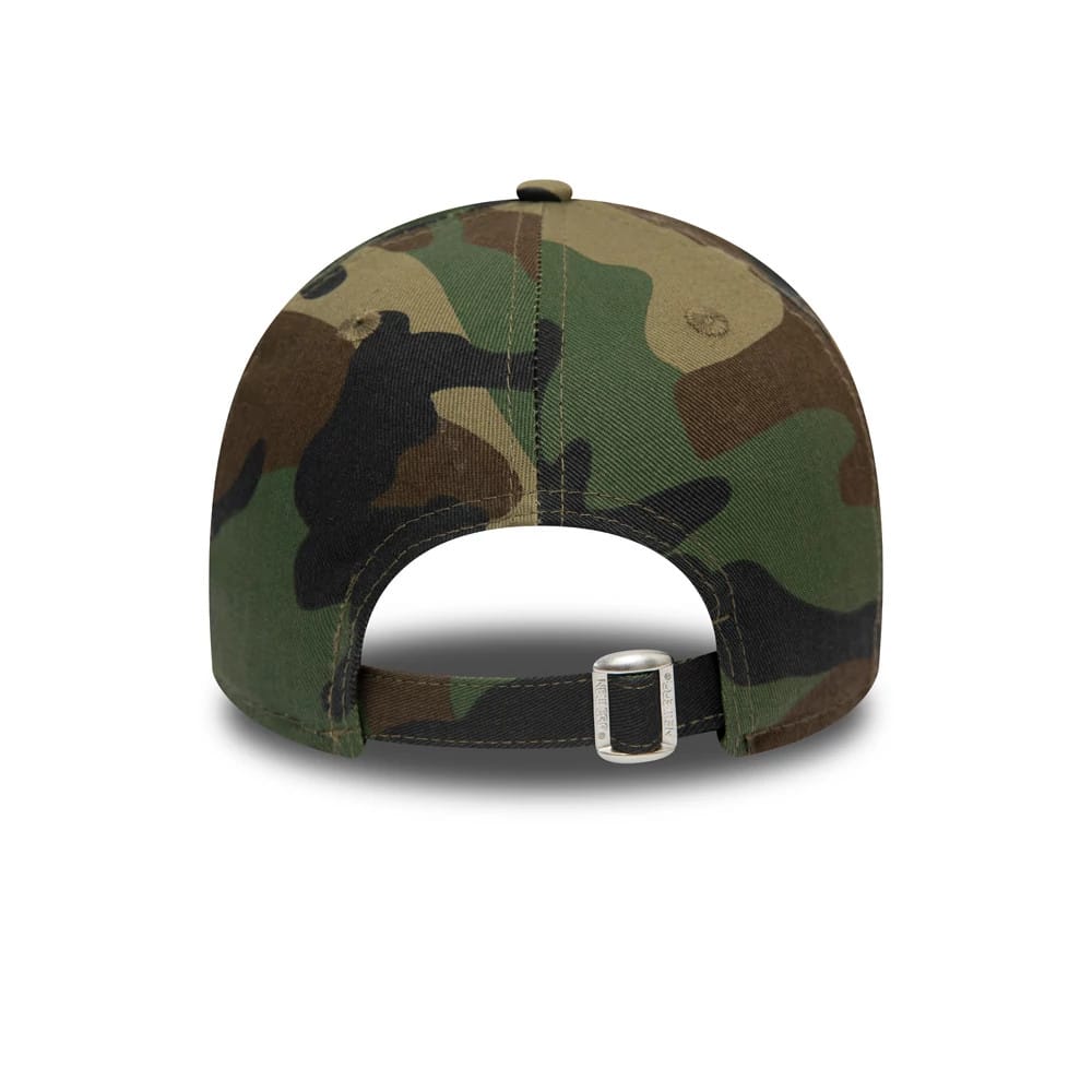 New York Yankees Essential Kids Camo New Era 9FORTY Cap, rear view showing the adjustable strap with metal buckle, featuring a camouflage pattern across the curved back panels and a top button.