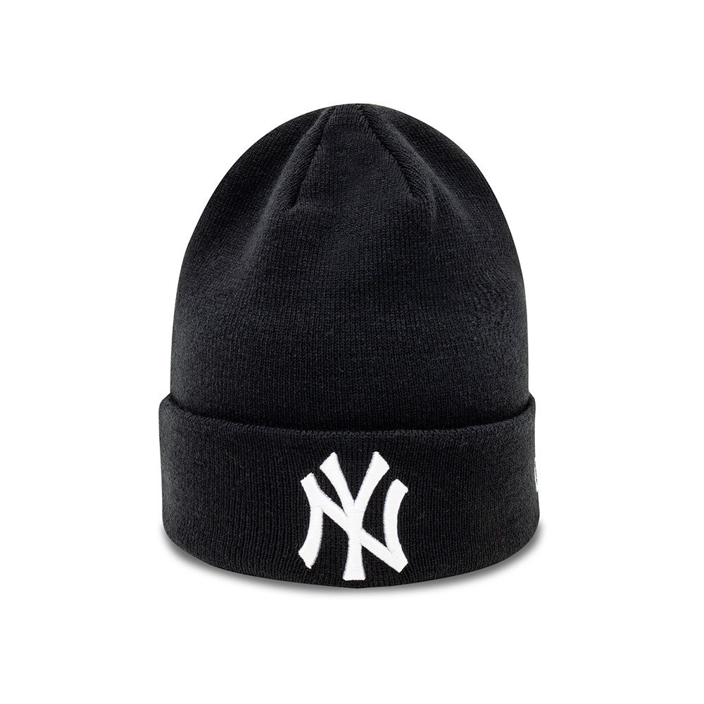 New Era New York Yankees Essential Black Cuff Beanie Hat, front view showing the white embroidered NY Yankees logo on the turn-up cuff, centred on the black knit fabric with a rounded crown.