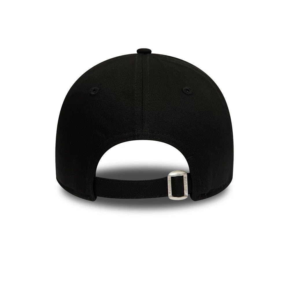 New York Yankees Essential Womens Black New Era 9FORTY Cap, rear view showing the open adjustable strap with a silver buckle, centred on the plain black back panels with a top button and embroidered eyelets.