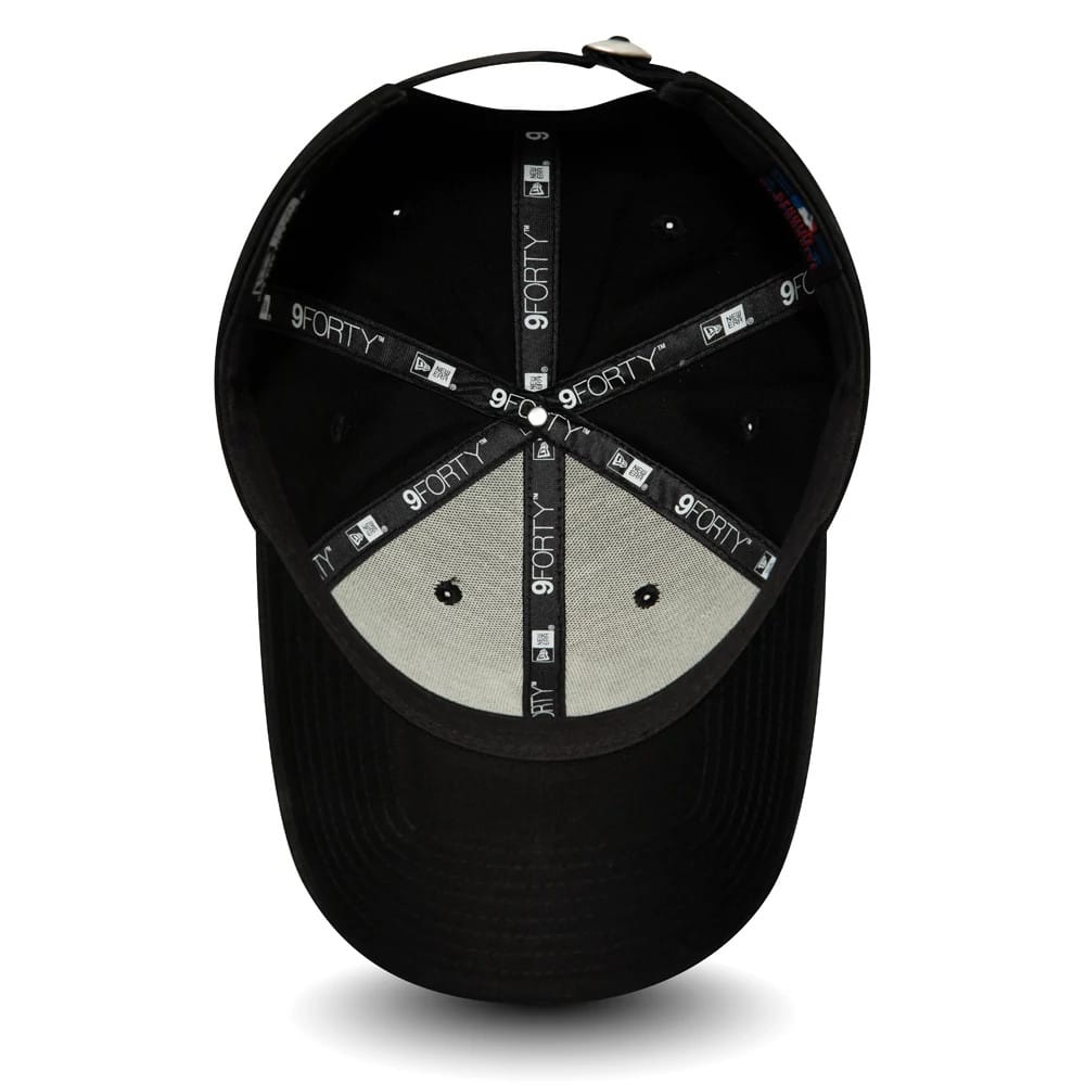 New York Yankees Essential Womens Black New Era 9FORTY Cap, inside view showing black and grey New Era and 9FORTY branded taping across the interior seams and a light grey undervisor.
