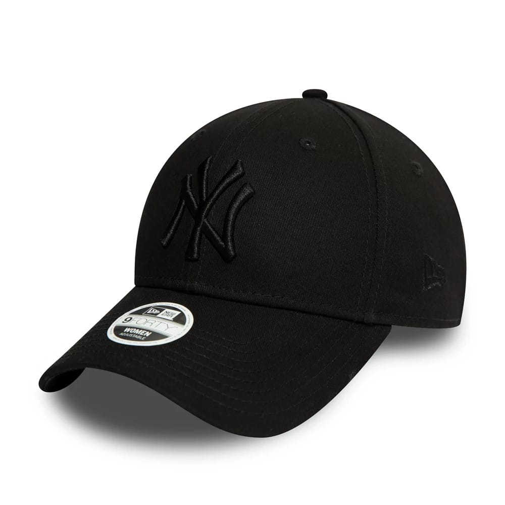 New York Yankees Essential Womens All Black New Era 9FORTY Cap, three-quarter view showing the raised black NY logo on the front panel, a curved visor with a 9FORTY size sticker, and New Era flag logo on the left side.