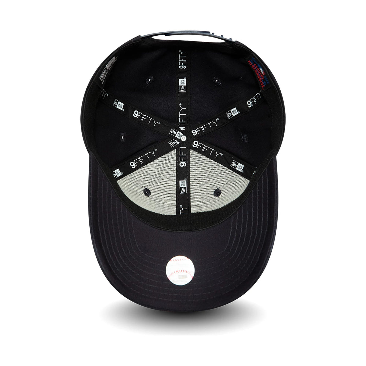 New York Yankees Navy New Era 9FIFTY Stretch Snap Cap, inside view showing black taping with white 9FIFTY branding, contrasting grey undervisor, MLB logo sticker on top of the visor, and black sweatband.