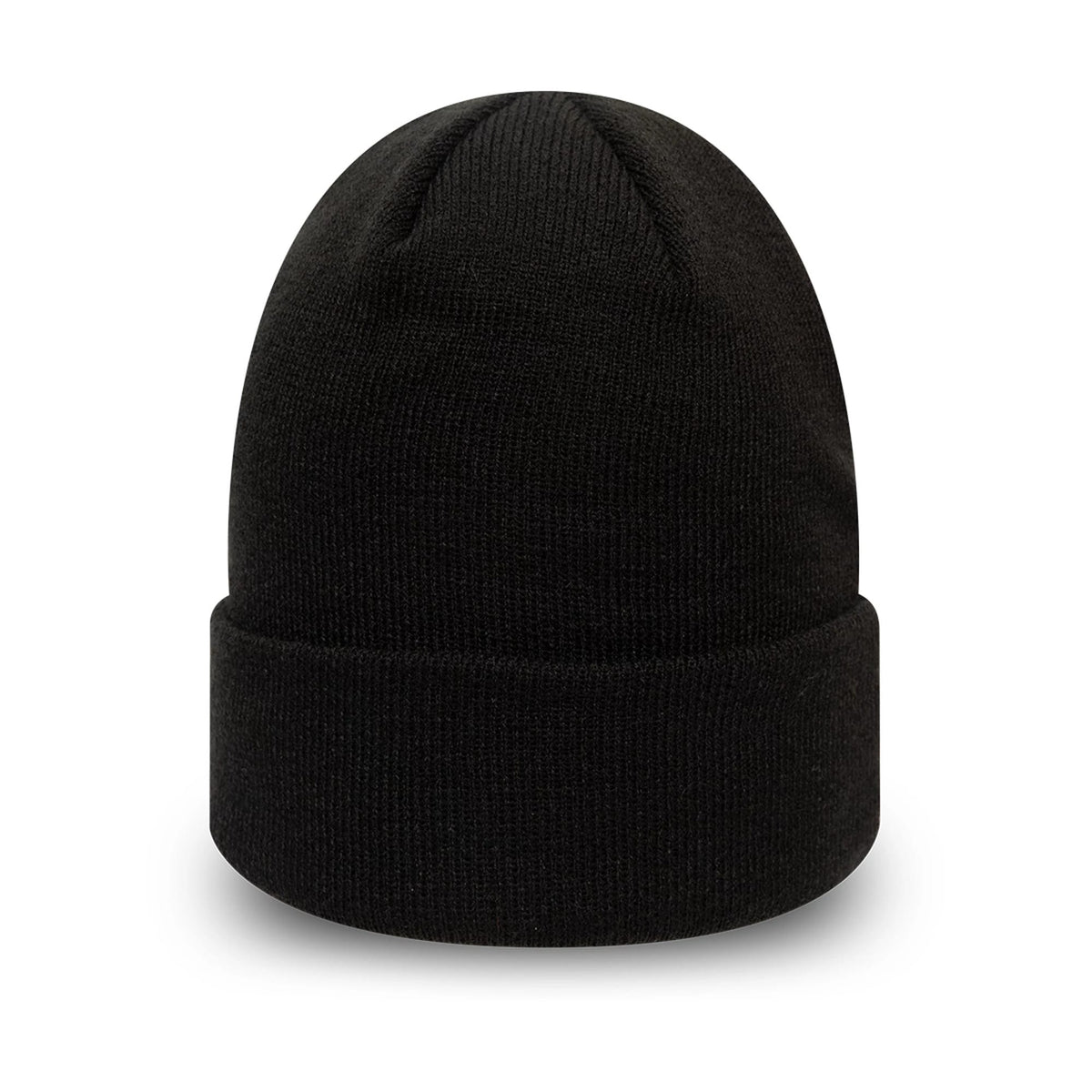 New Era Essential Black Cuff Beanie Hat, front view showing the turned-up cuff and ribbed texture of the hat, with no visible logos or additional detailing, creating a minimalist and versatile appearance.