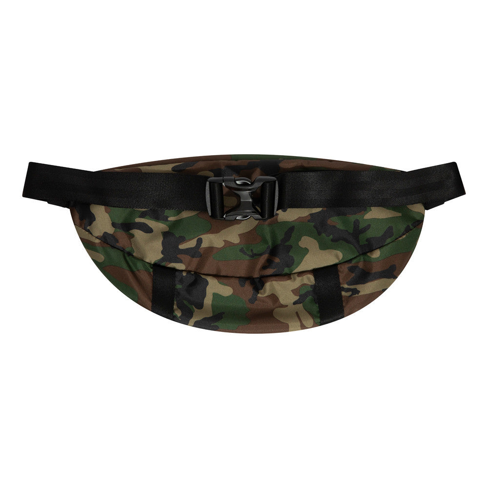 New York Yankees Camo Waist Bag, front view showing the camouflage pattern across the curved design with a black buckle closure at the centre and an adjustable black strap extending from each side.