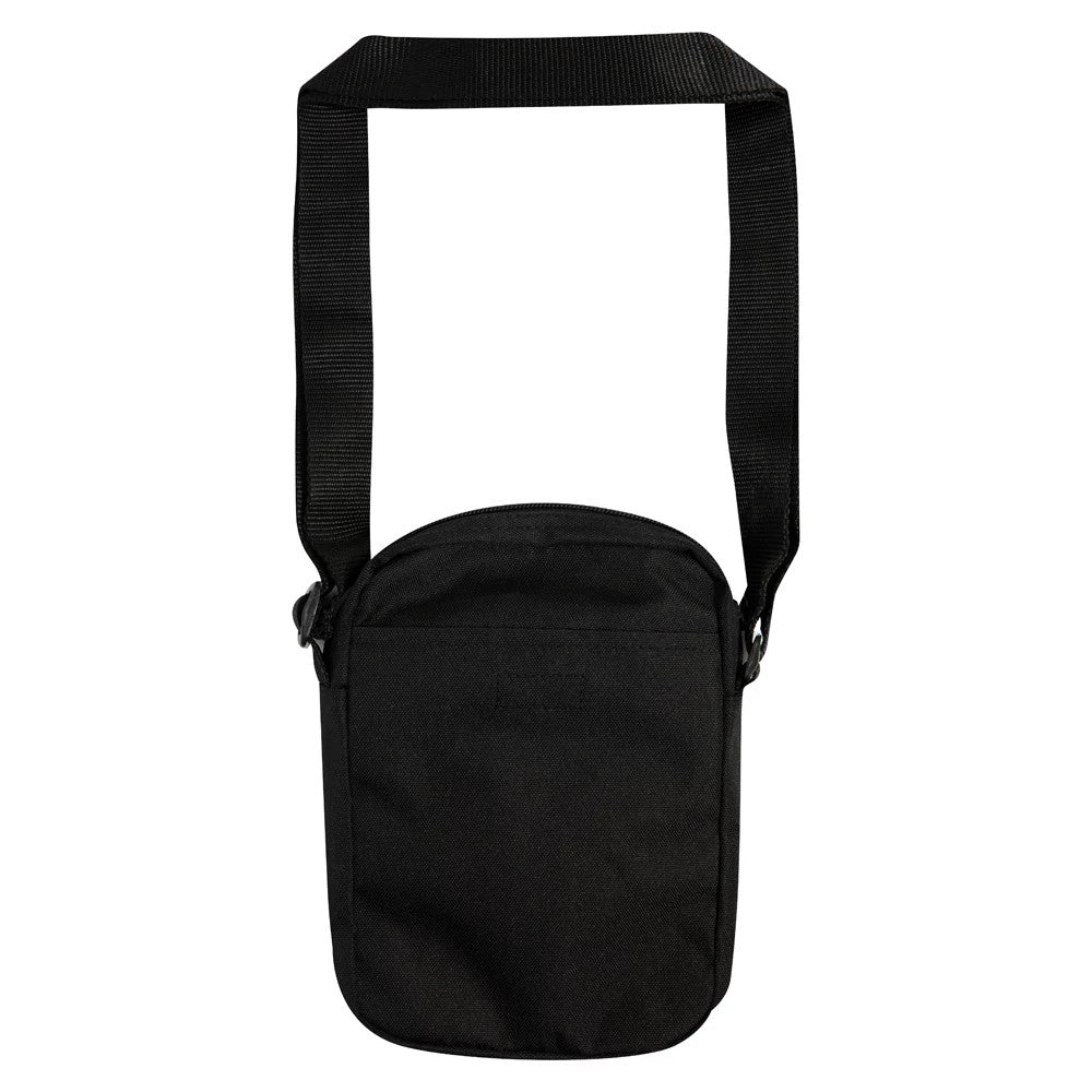 New York Yankees Logo Black Side Bag, front view showing a debossed logo centred near the upper section of the black bag, with an adjustable black strap attached to the top sides of the rounded rectangular shape.