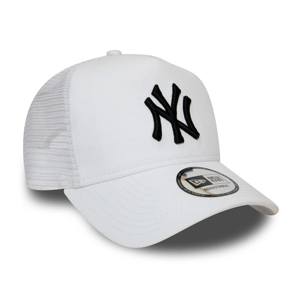 New York Yankees White A-Frame Trucker Cap, front view with a raised black embroidered NY logo on the front panel and a curved visor, featuring a New Era adjustable sticker on top of the visor.