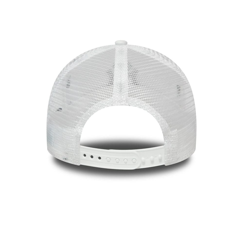 New York Yankees White A-Frame Trucker Cap, rear view showing a curved white mesh back and an adjustable snap closure, highlighting the structured fit and breathable design without additional logos.