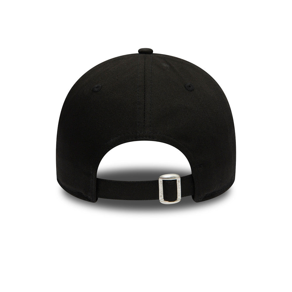 Chicago Bulls Essential Outline Black New Era 9FORTY Cap, rear view showing the adjustable strap closure and the structured black crown with matching top button and eyelets.