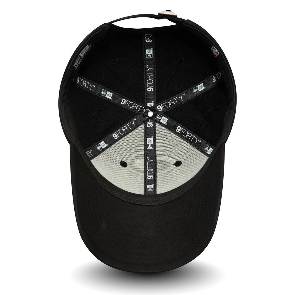 Chicago Bulls Essential Outline Black New Era 9FORTY Cap, inside view showing grey undervisor, black sweatband, and branded black taping with 9FORTY logo, featuring intricate eyelet pattern on the crown.